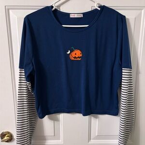 ROMWE Blue Halloween Pumpkin Long Sleeve Tee